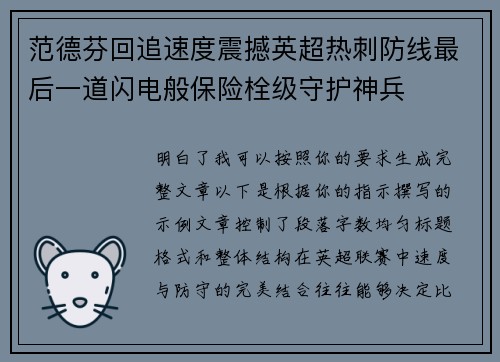 范德芬回追速度震撼英超热刺防线最后一道闪电般保险栓级守护神兵 范德芬回追速度震撼英超热刺防线最后一道闪电般保险栓级守护神兵