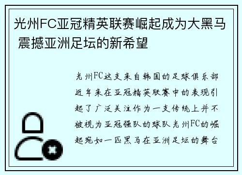 光州FC亚冠精英联赛崛起成为大黑马 震撼亚洲足坛的新希望